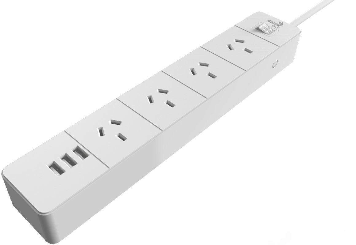 AEROCOOL ASA SA4A3U2 Power Board featuring 4 AC outlets and 3 USB ports in a sleek white design.